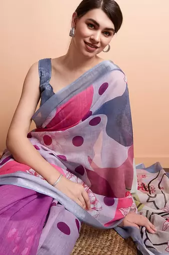 Purple printed linen casual saree with blouse piece