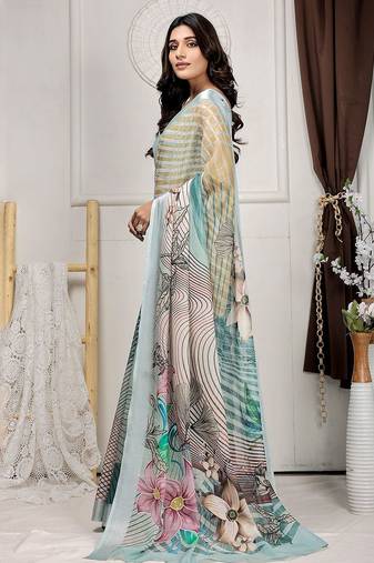 Sea green printed linen casual saree with blouse piece