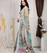 Sea green printed linen casual saree with blouse piece