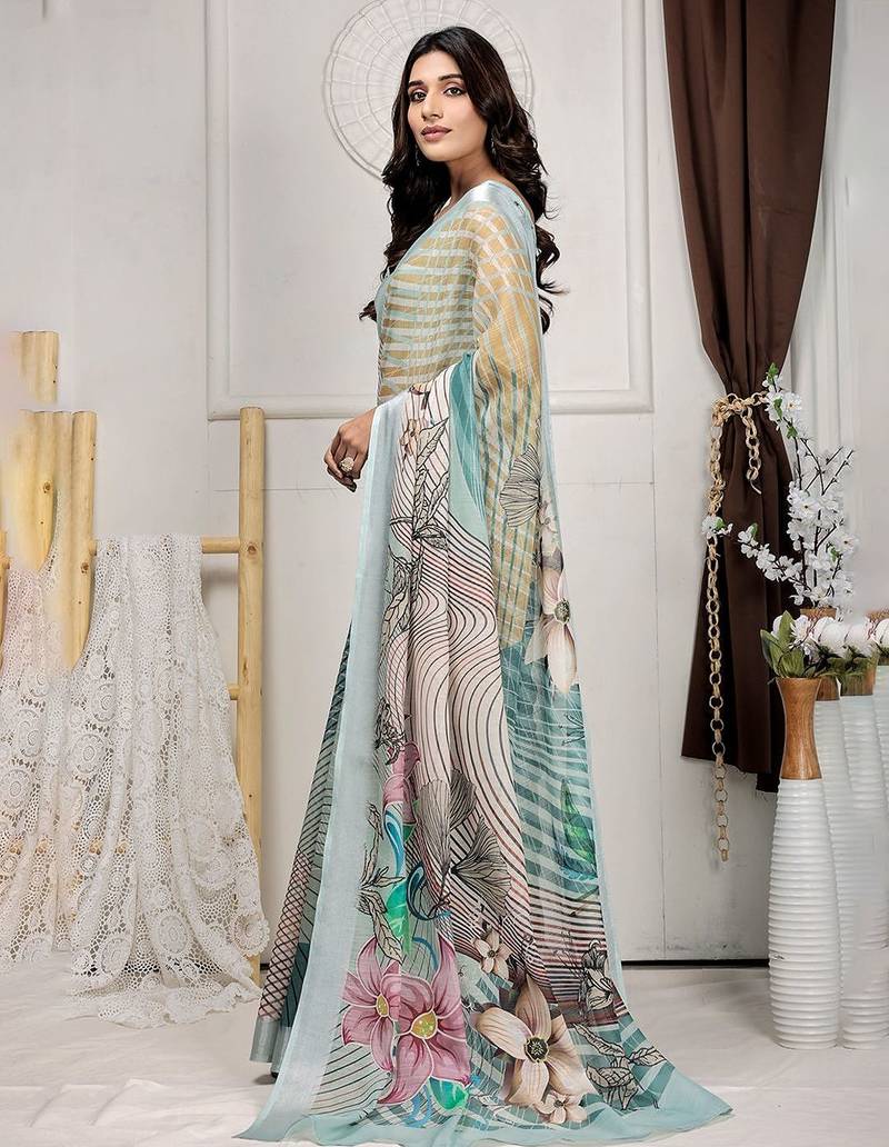 Sea green printed linen casual saree with blouse piece