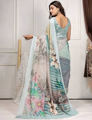 Sea green printed linen casual saree with blouse piece 2
