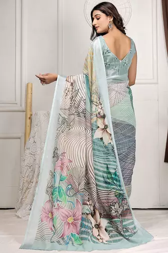Sea green printed linen casual saree with blouse piece