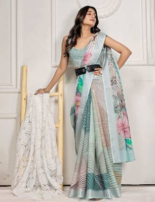 Sea green printed linen casual saree with blouse piece 3