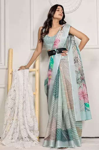 Sea green printed linen casual saree with blouse piece