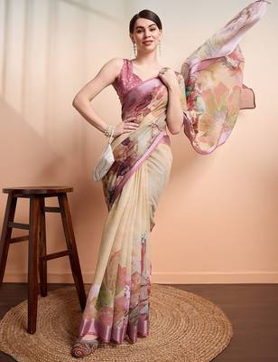 Yellow printed linen casual saree with blouse piece 1
