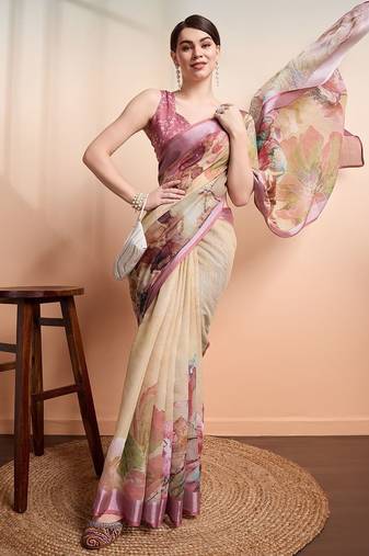 Yellow printed linen casual saree with blouse piece