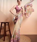 Yellow printed linen casual saree with blouse piece