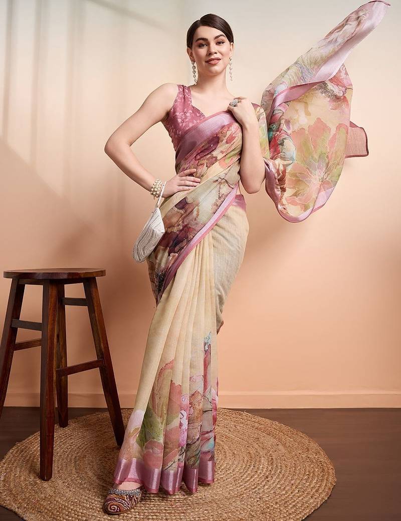 Yellow printed linen casual saree with blouse piece