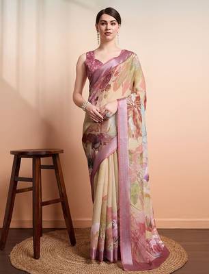 Yellow printed linen casual saree with blouse piece 2