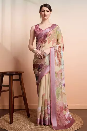 Yellow printed linen casual saree with blouse piece