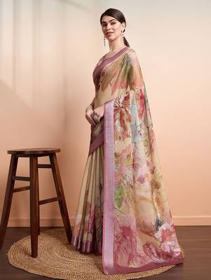 Yellow printed linen casual saree with blouse piece 3