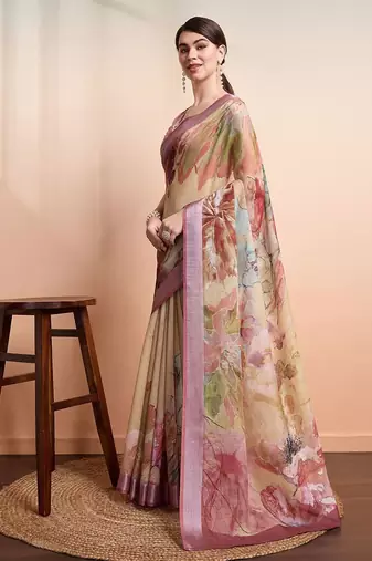 Yellow printed linen casual saree with blouse piece