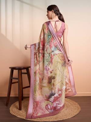 Yellow printed linen casual saree with blouse piece 4