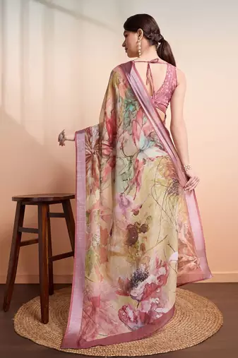 Yellow printed linen casual saree with blouse piece