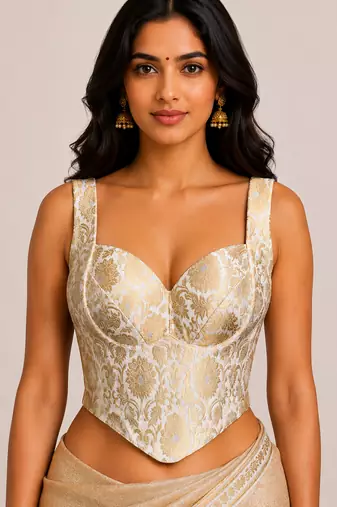 White jacquard silk designer readymade saree blouse for women | bridal wedding party wear padded blouse