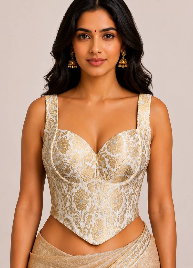 White jacquard silk designer readymade saree blouse for women | bridal wedding party wear padded blouse