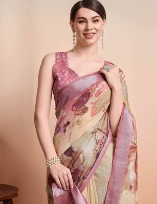 Yellow printed linen casual saree with blouse piece 5