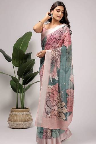 Green printed linen casual saree with blouse piece