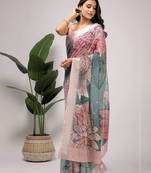 Green printed linen casual saree with blouse piece
