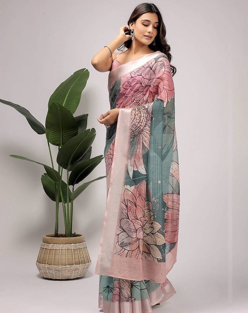 Green printed linen casual saree with blouse piece
