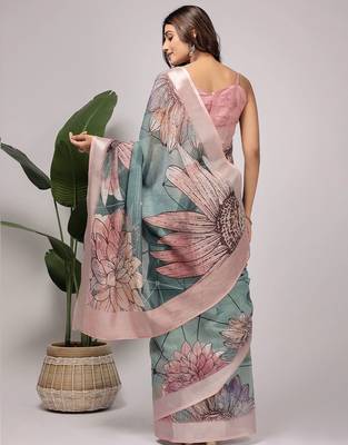 Green printed linen casual saree with blouse piece 2