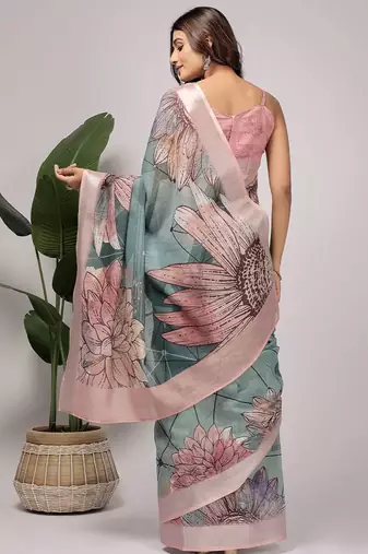 Green printed linen casual saree with blouse piece