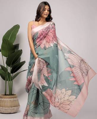 Green printed linen casual saree with blouse piece 3