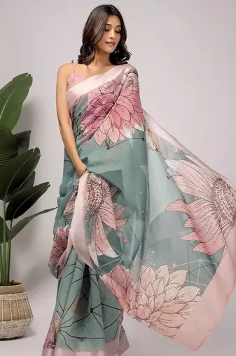 Green printed linen casual saree with blouse piece