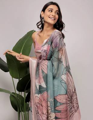 Green printed linen casual saree with blouse piece 4