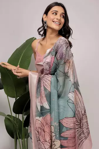 Green printed linen casual saree with blouse piece