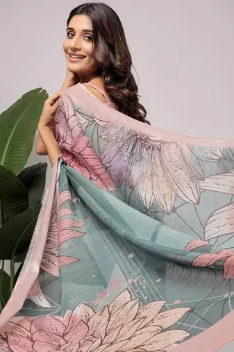 Green printed linen casual saree with blouse piece