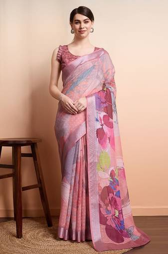 Peach printed linen casual saree with blouse piece