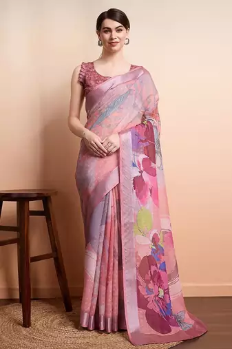 Peach printed linen casual saree with blouse piece