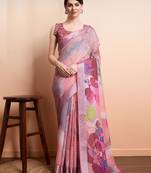 Peach printed linen casual saree with blouse piece