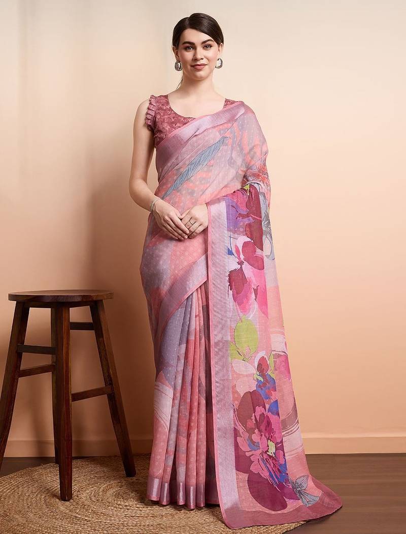 Peach printed linen casual saree with blouse piece
