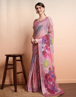 Peach printed linen casual saree with blouse piece 2