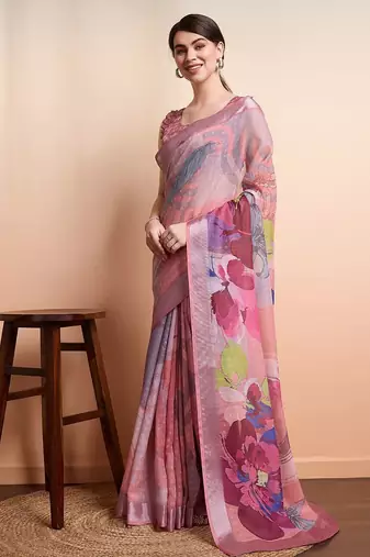 Peach printed linen casual saree with blouse piece