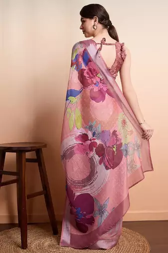 Peach printed linen casual saree with blouse piece