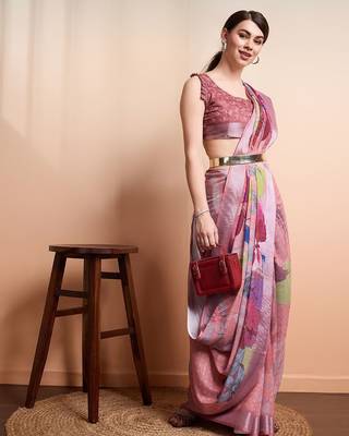 Peach printed linen casual saree with blouse piece 4