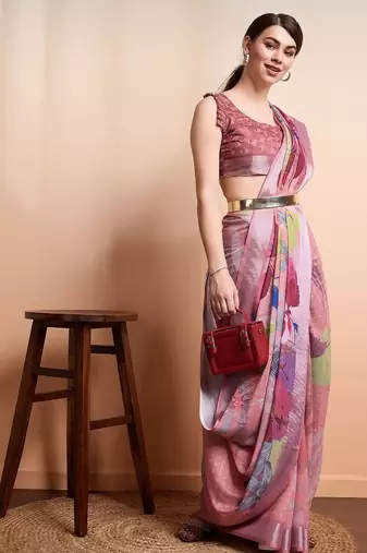 Peach printed linen casual saree with blouse piece