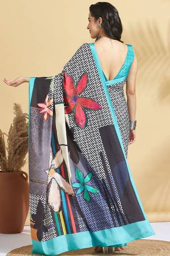 Blue printed crepe casual saree with blouse piece