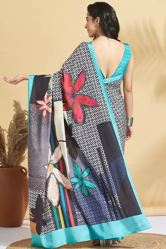 Blue printed crepe casual saree with blouse piece
