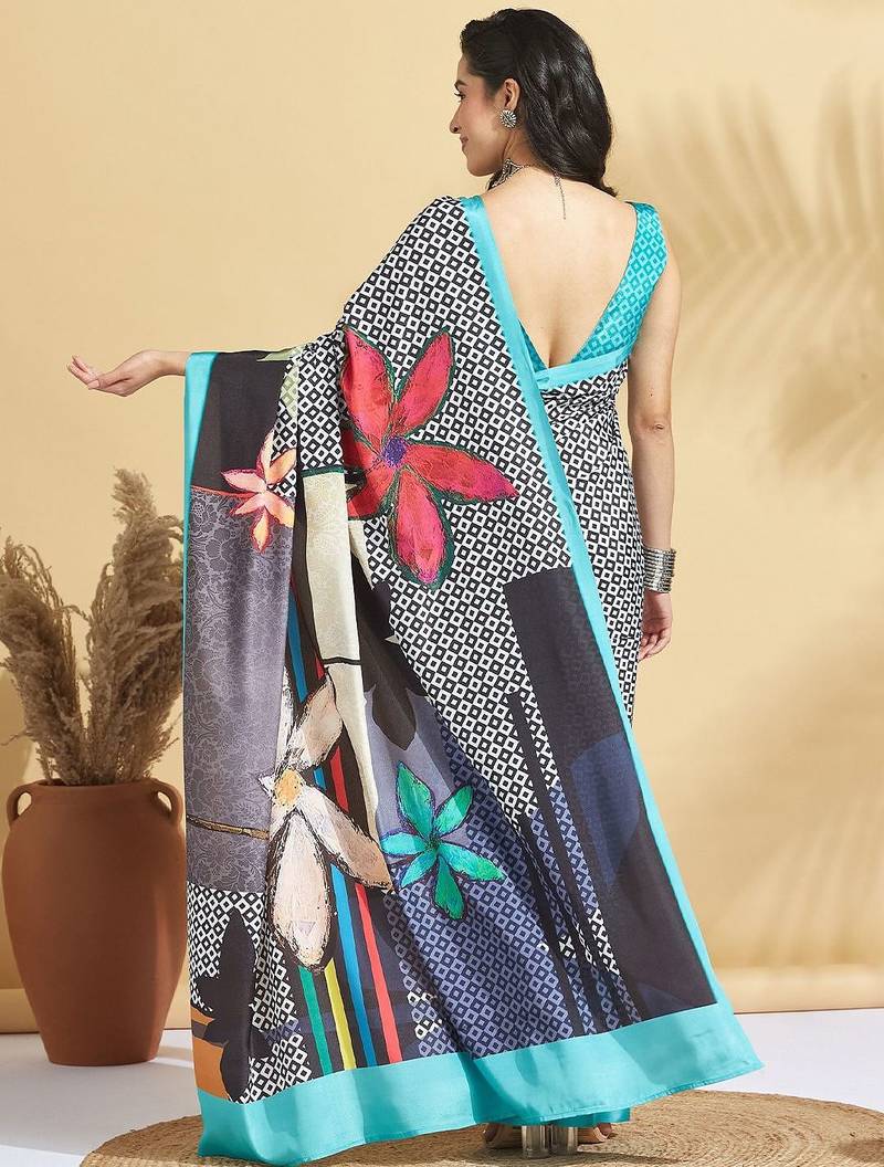 Blue printed crepe casual saree with blouse piece