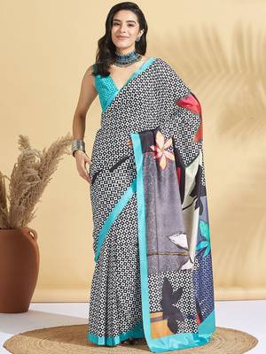 Blue printed crepe casual saree with blouse piece 2
