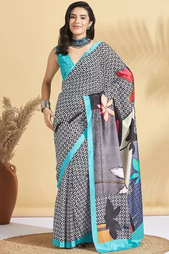 Blue printed crepe casual saree with blouse piece