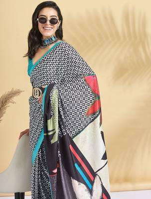 Blue printed crepe casual saree with blouse piece 3