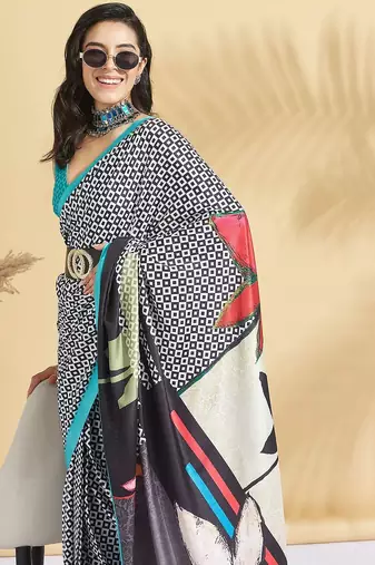 Blue printed crepe casual saree with blouse piece