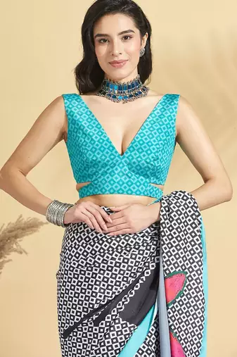 Blue printed crepe casual saree with blouse piece