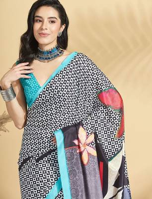 Blue printed crepe casual saree with blouse piece 5