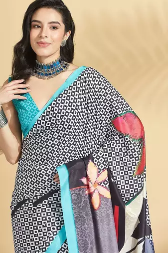 Blue printed crepe casual saree with blouse piece